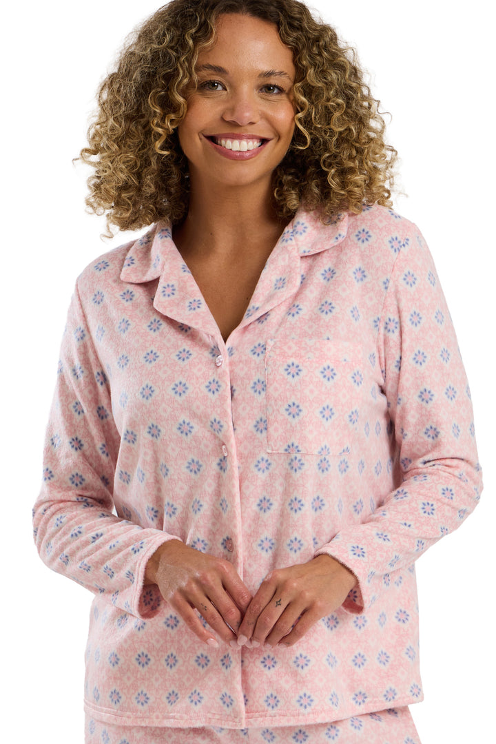 Pretty Geometric Print Soft  Fleece Revere Pyjama Set