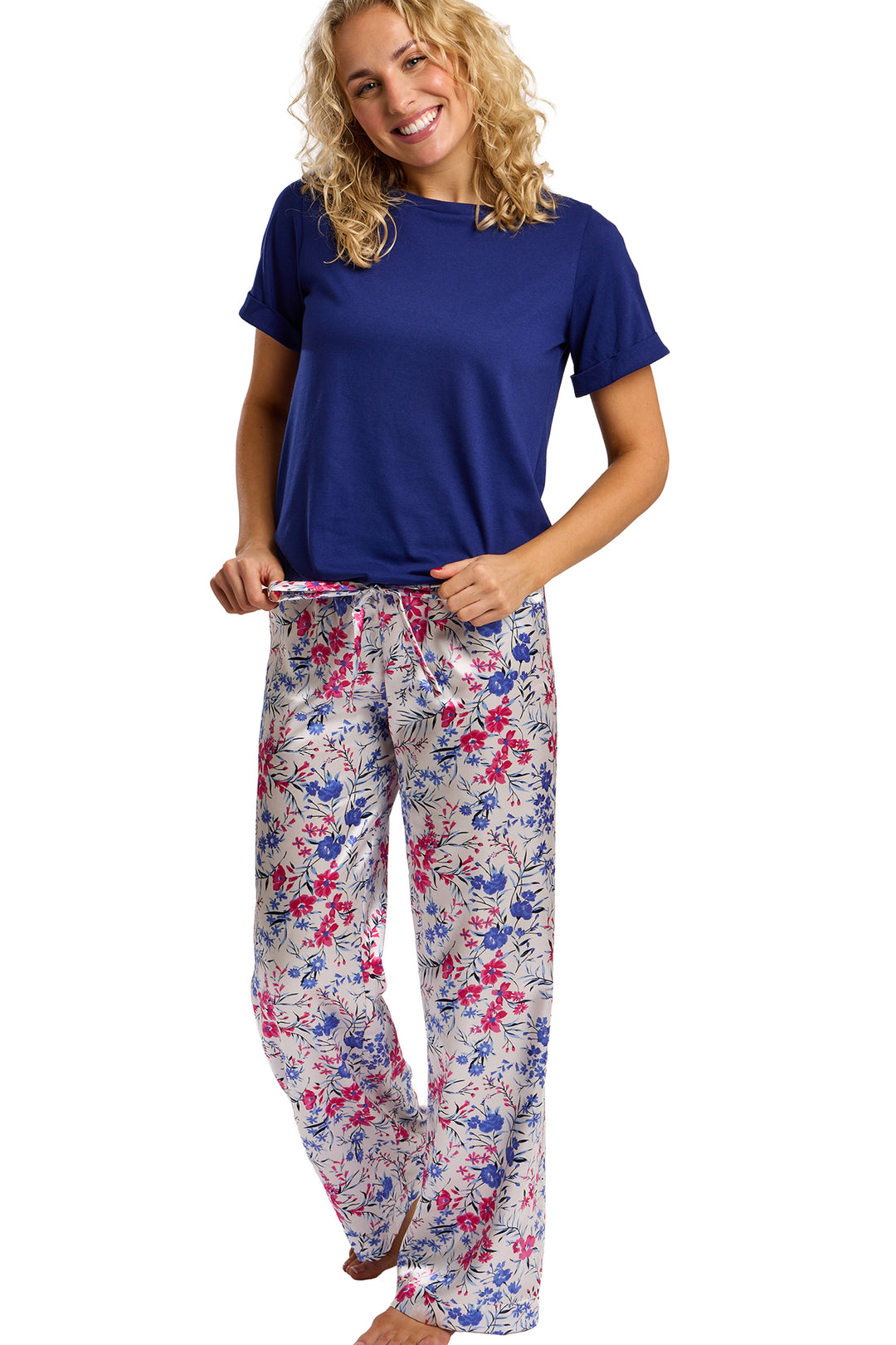 Vibrant Floral Print Satin & Jersey Pyjama Set