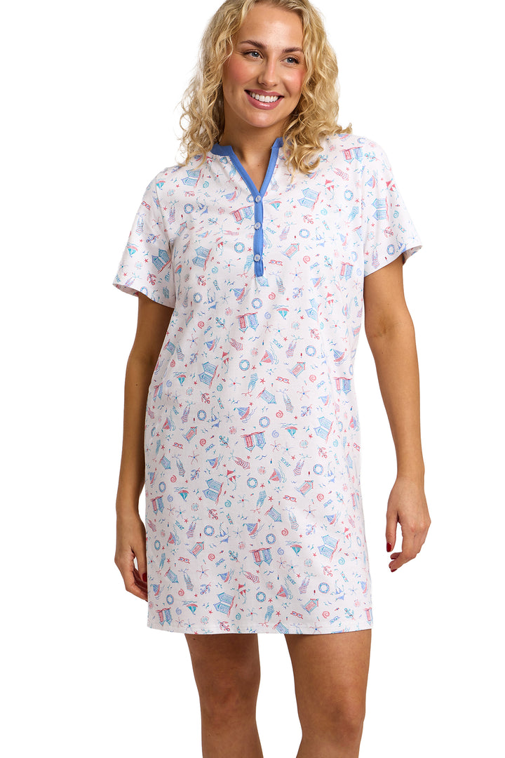 Beach Print Soft Cotton Jersey  Button Nightshirt