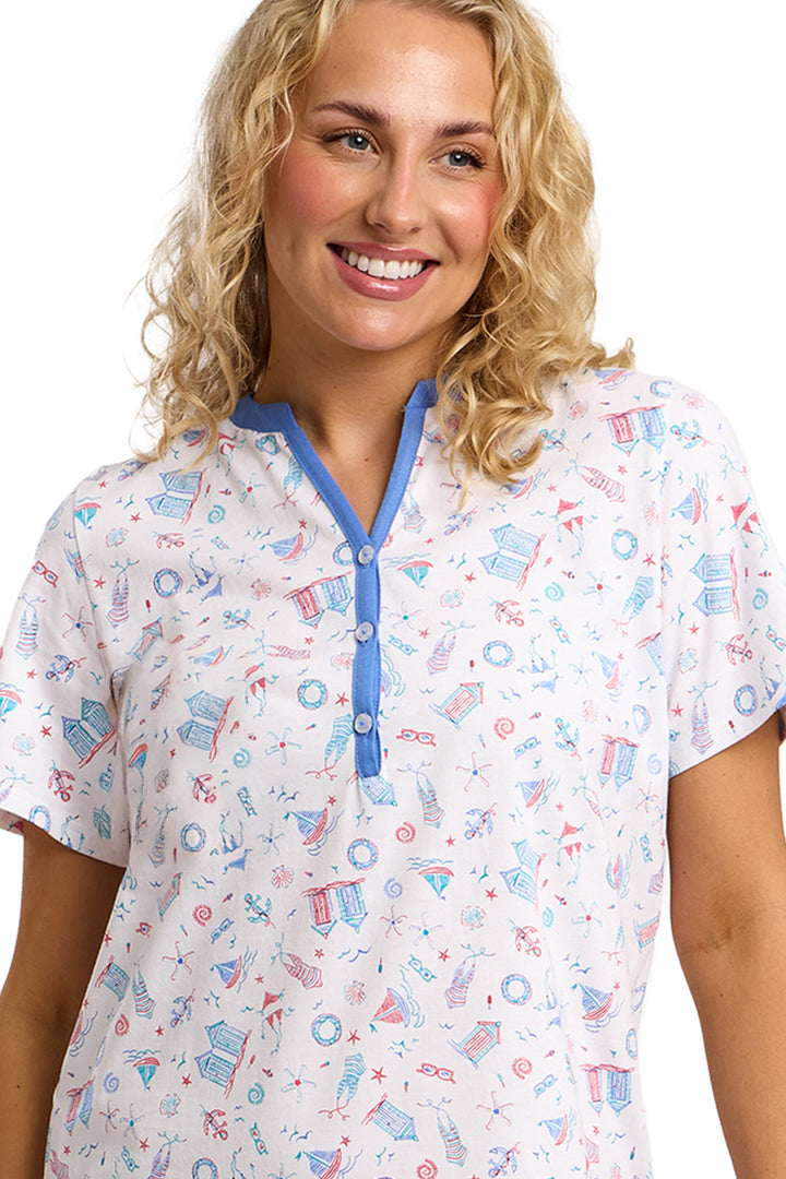 Beach Print Soft Cotton Jersey  Button Nightshirt