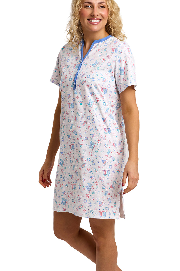 Beach Print Soft Cotton Jersey  Button Nightshirt