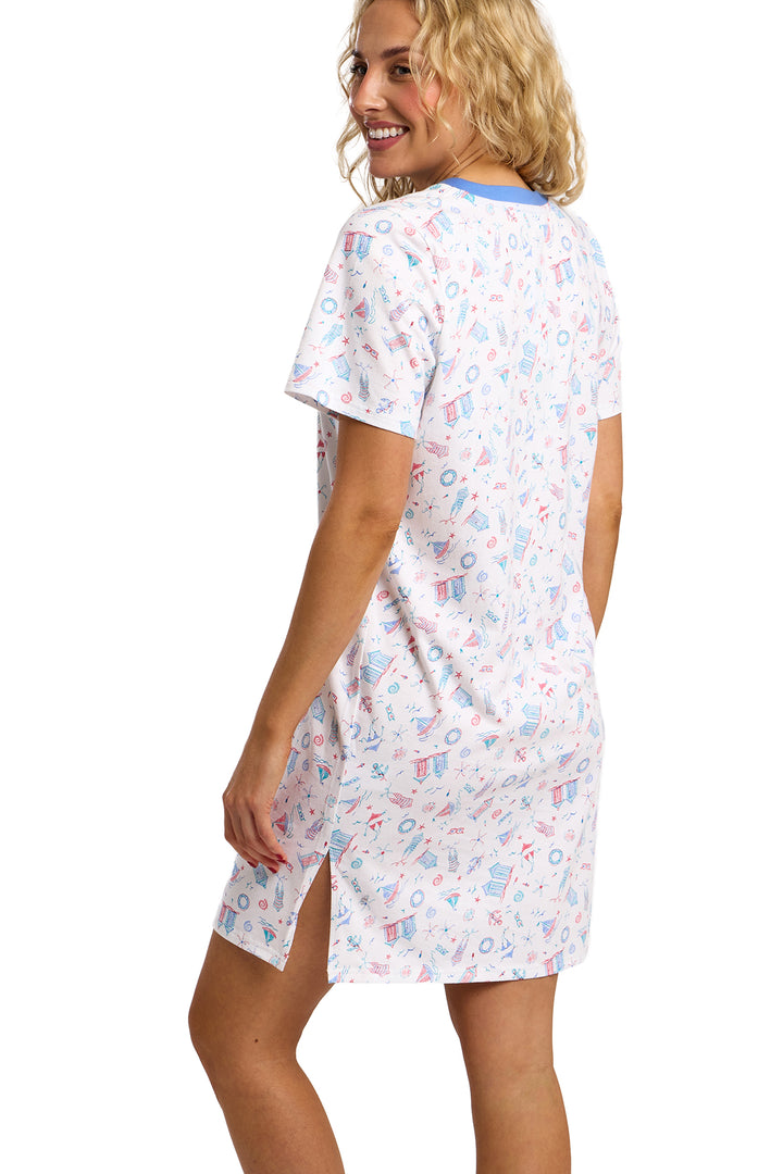 Beach Print Soft Cotton Jersey  Button Nightshirt