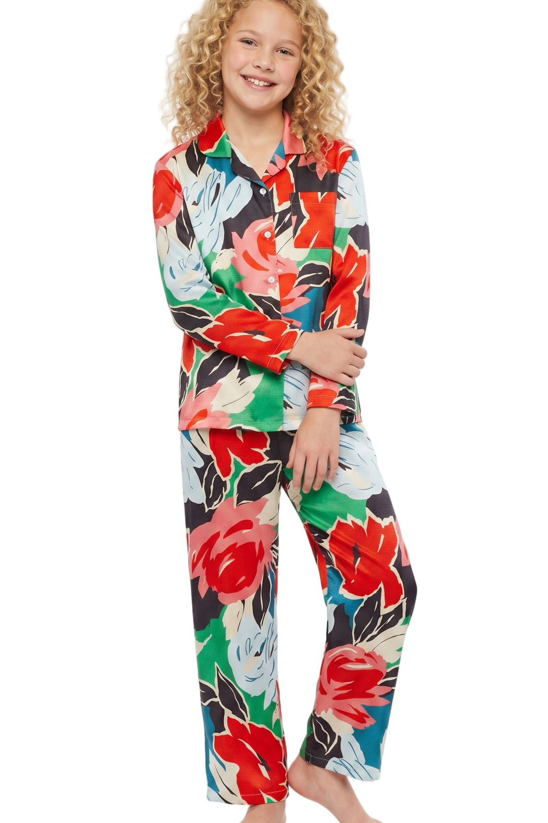 Indigo Sky Girls Bright Floral Satin Pyjama Set