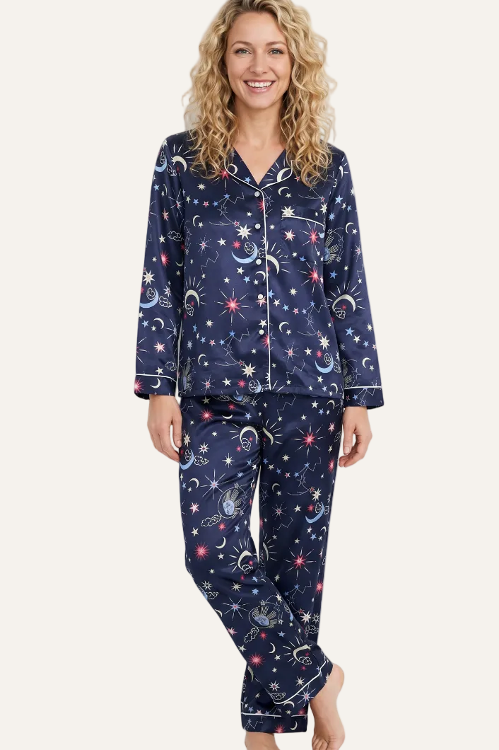Starry Nights Print Satin Pyjama Set
