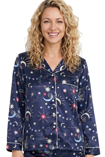 Starry Nights Print Satin Pyjama Set