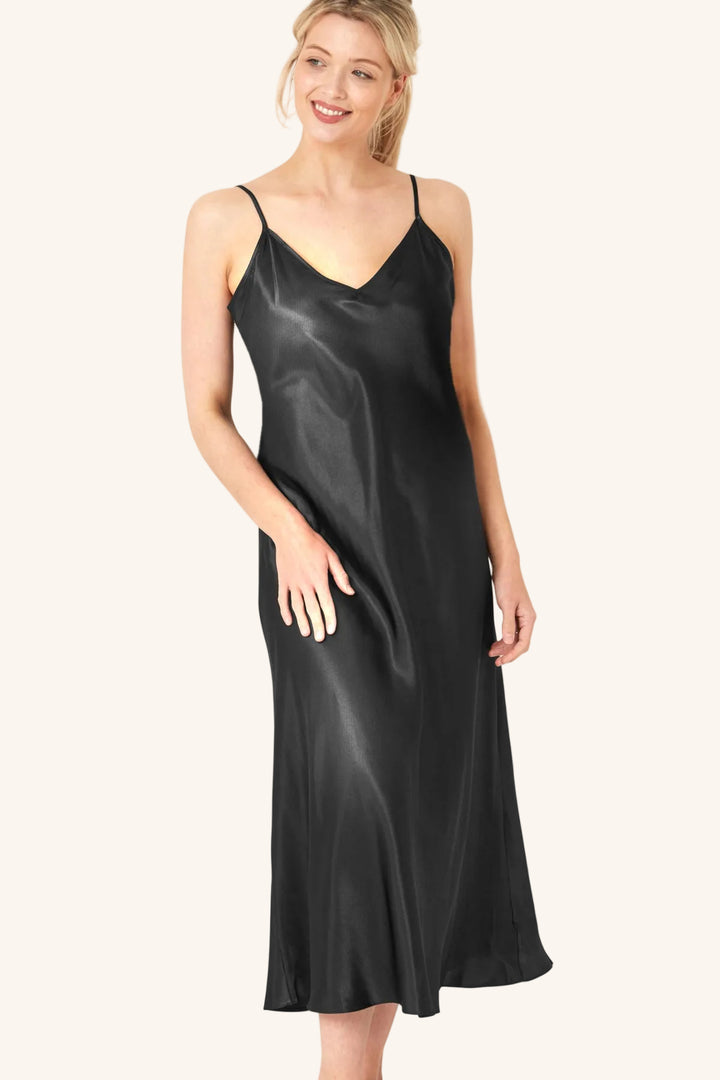 Indigo Sky Edit Long Coal Black Satin Strappy Nightie