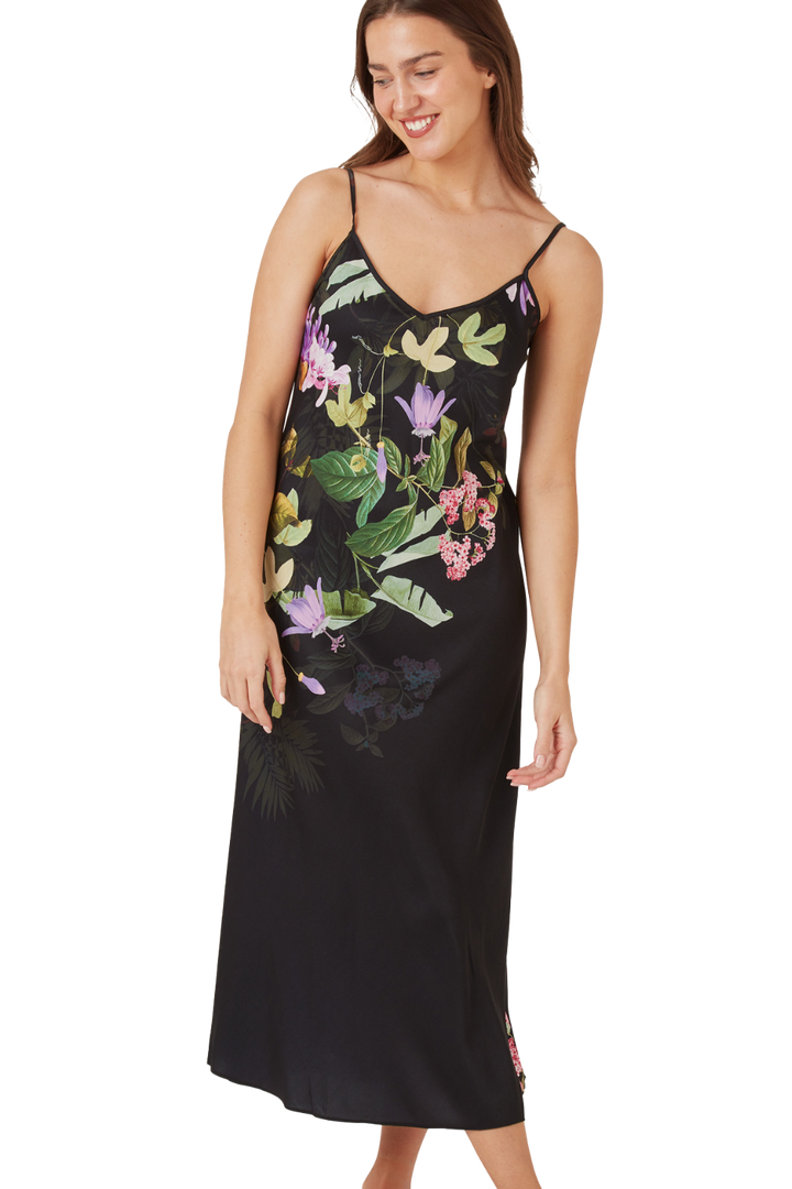 Indigo Sky Edit Long Print Satin Strappy Nightgown