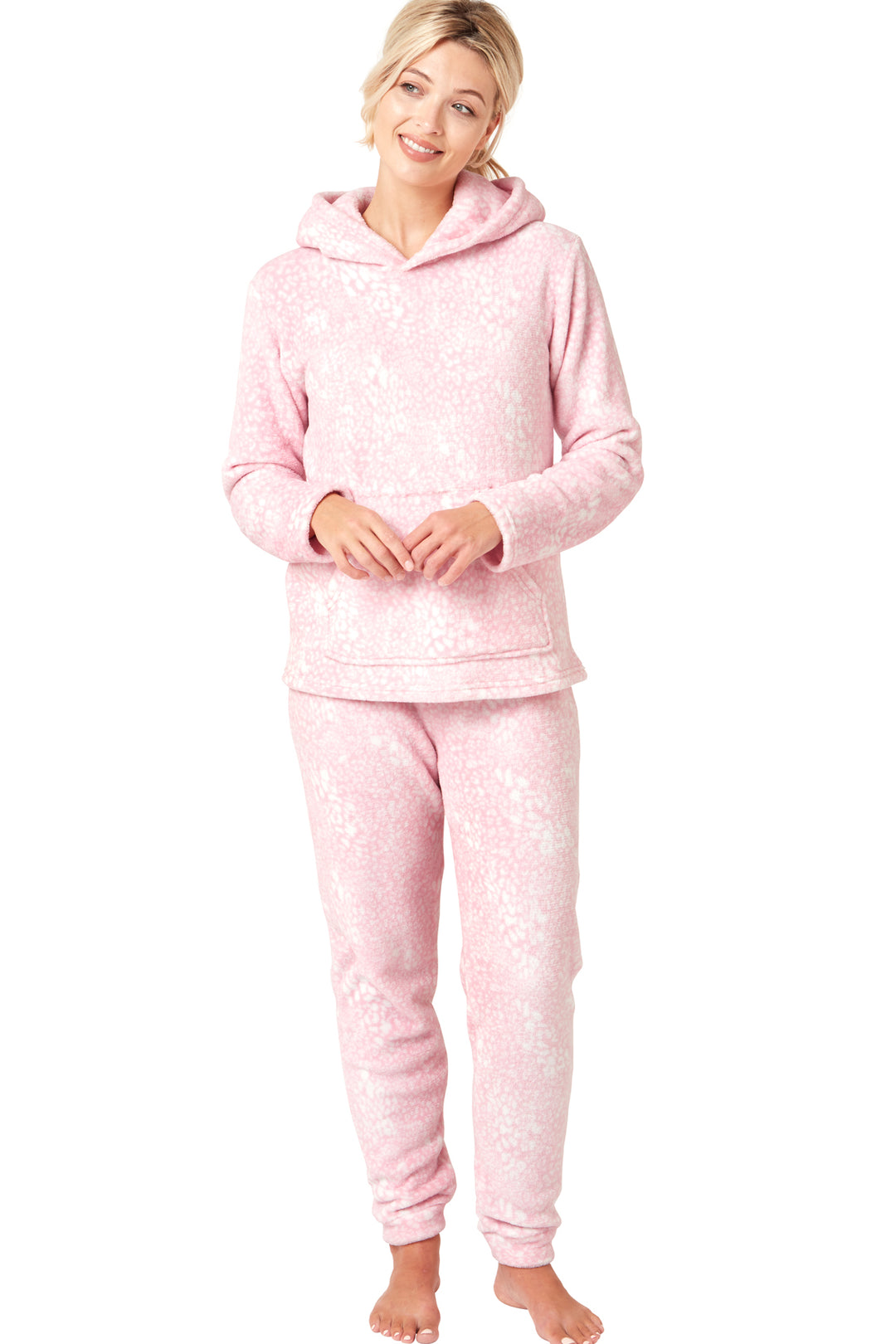 Hooded Animal Pastel Pink Print Cosy Fleece Pyjama