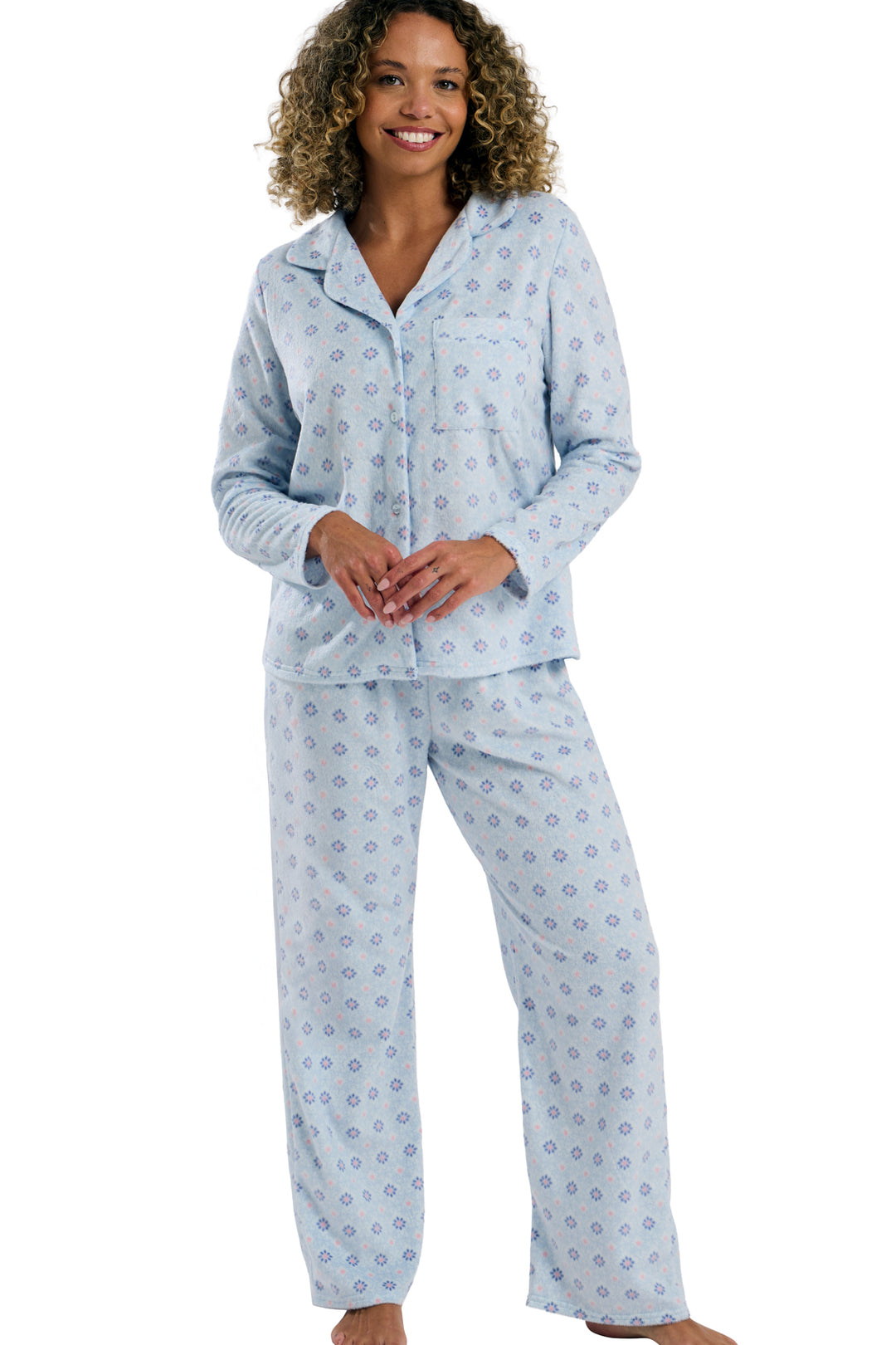 Pretty Geometric Print Soft  Fleece Revere Pyjama Set